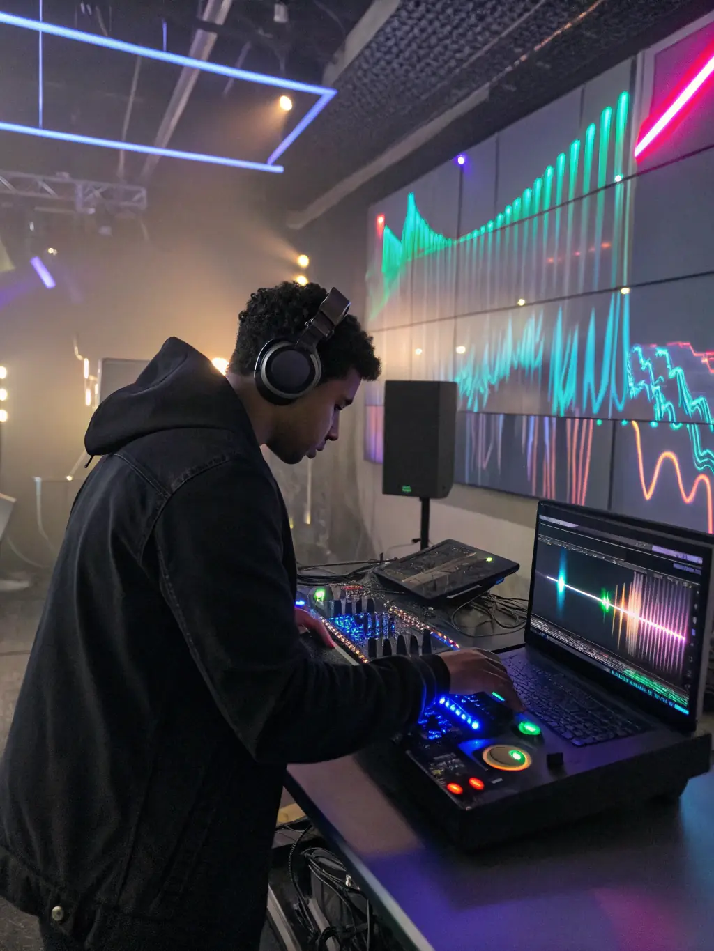 A vibrant image of a DJ mixing tracks in a studio, representing electronic music podcasts.