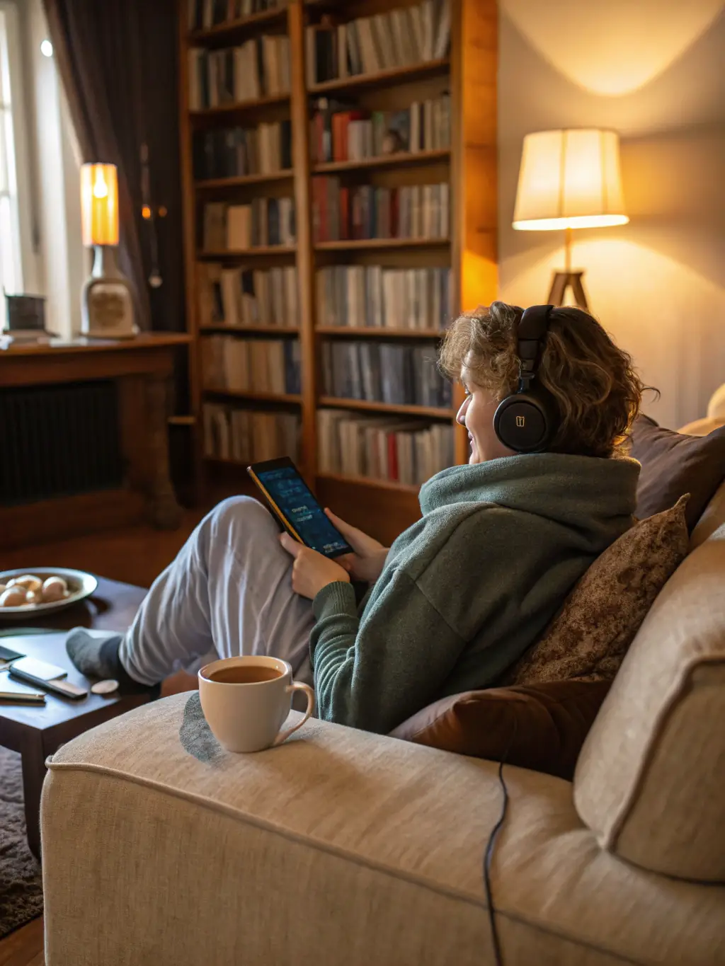 An image of a person listening to music with headphones in a relaxed setting, representing chillout music podcasts.