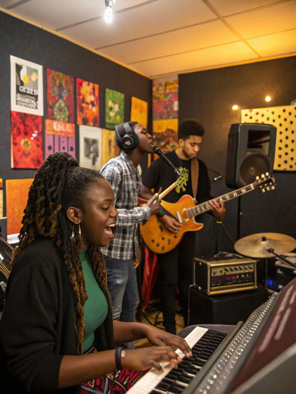 An image showcasing a diverse group of musicians from different cultures, representing world music podcasts.